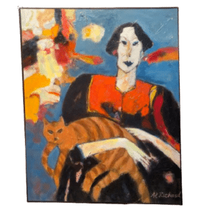 peinture signée AI Richard femme et chat